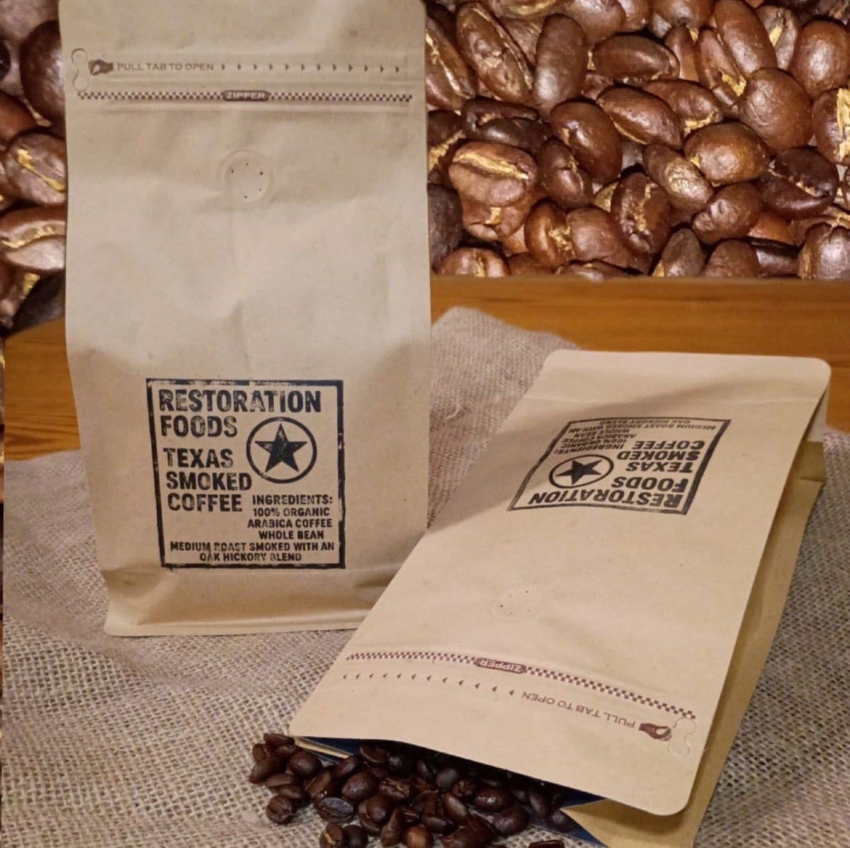A bag of Texas Smoked Coffee, Original Texas Blend
